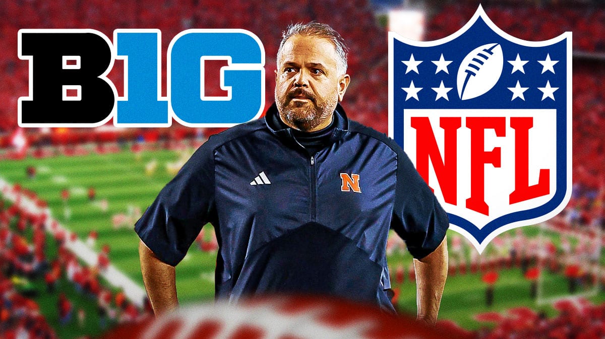 Nebraska football, Cornhuskers, Matt Rhule, Big Ten Media Days, Matt Rhule Big Ten, Matt Rhule with Big Ten logo on one side of him and NFL logo on the other, Nebraska football stadium in the background