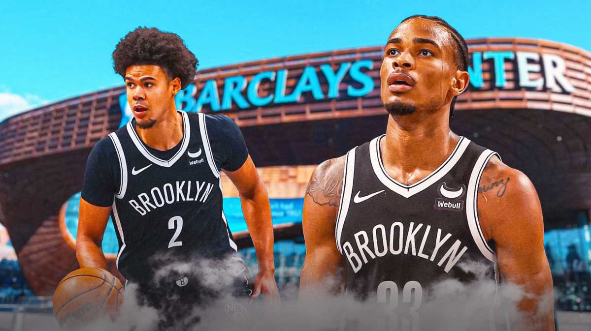 Nic Claxton and Cam Johnson in front of the Barclay Center