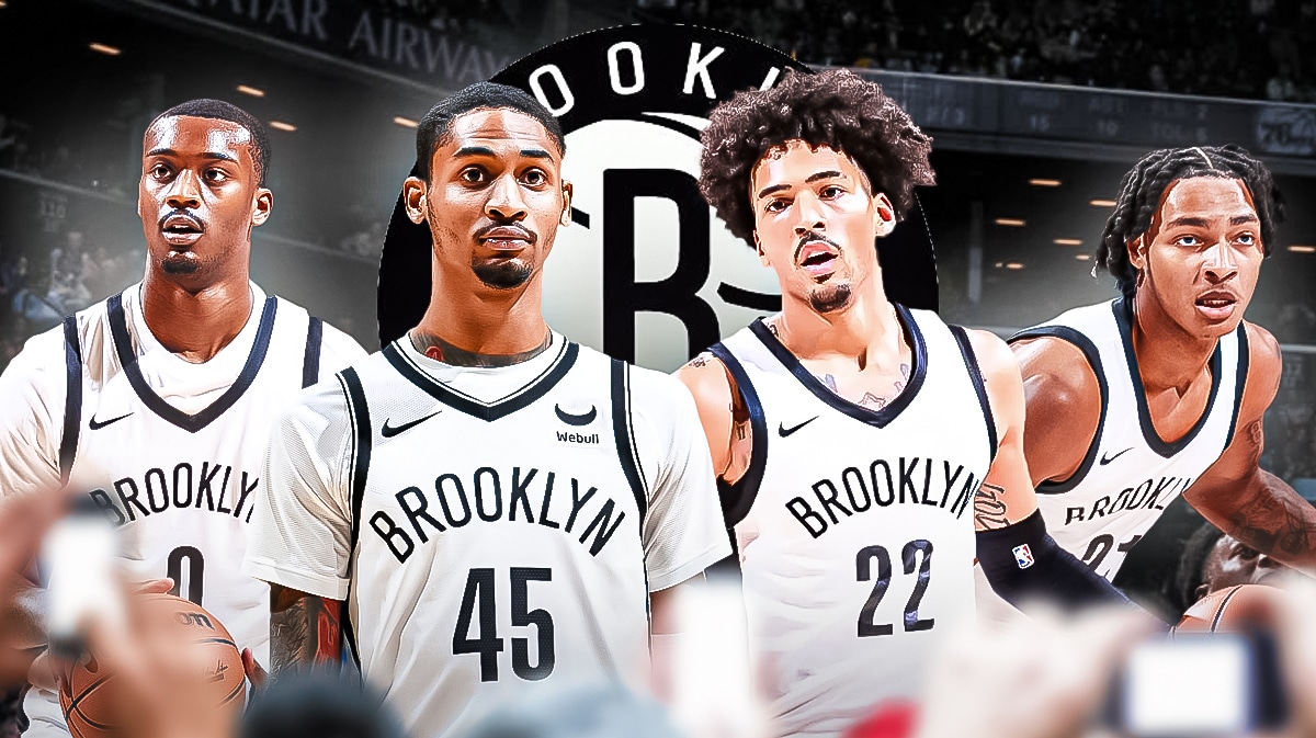 Dariq Whitehead, Keon Johnson, Noah Clowney and Jalen Wilson, Brooklyn Nets logo, basketball court in background