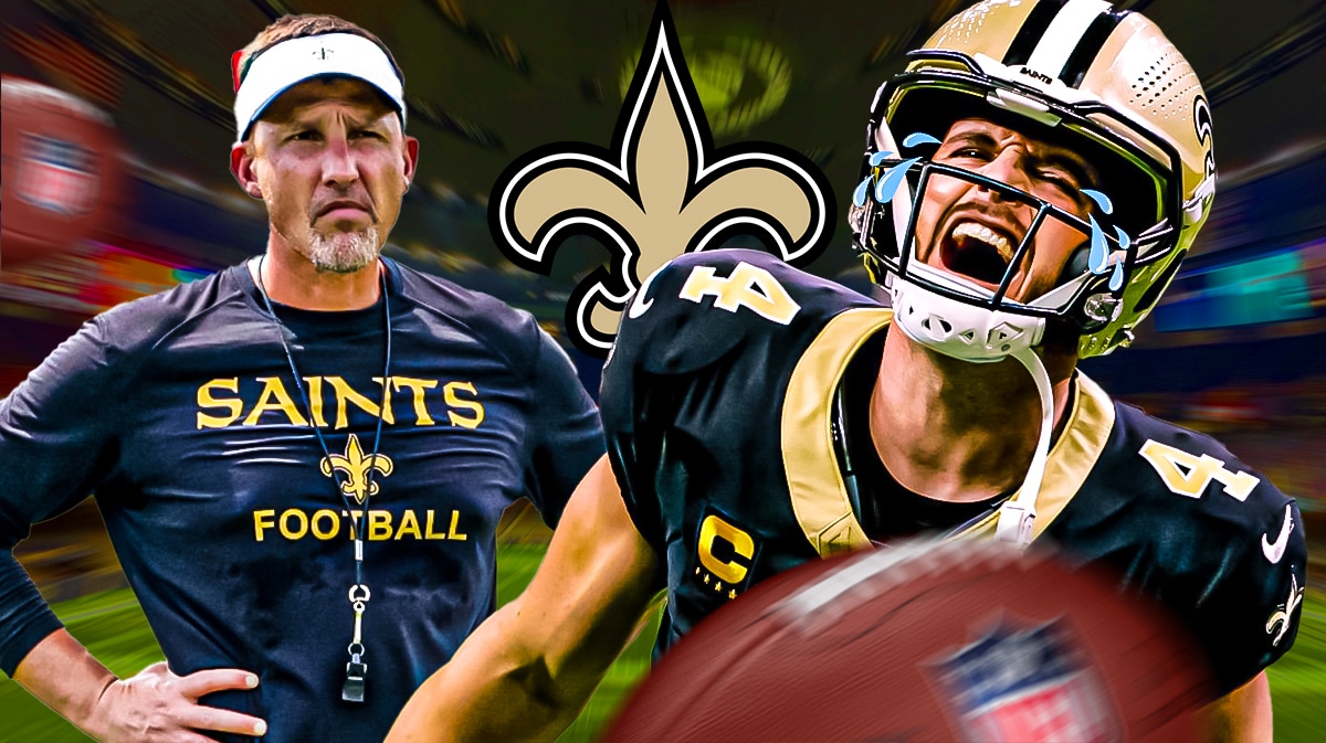 Saints Dennis Allen next to Derek Carr with tears in his eyes