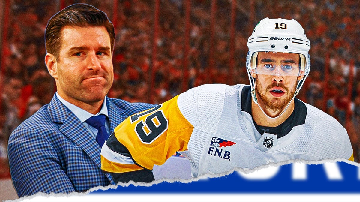 Reilly Smith and Chris Drury both in image looking happy, New York Rangers logo in middle, hockey rink in background