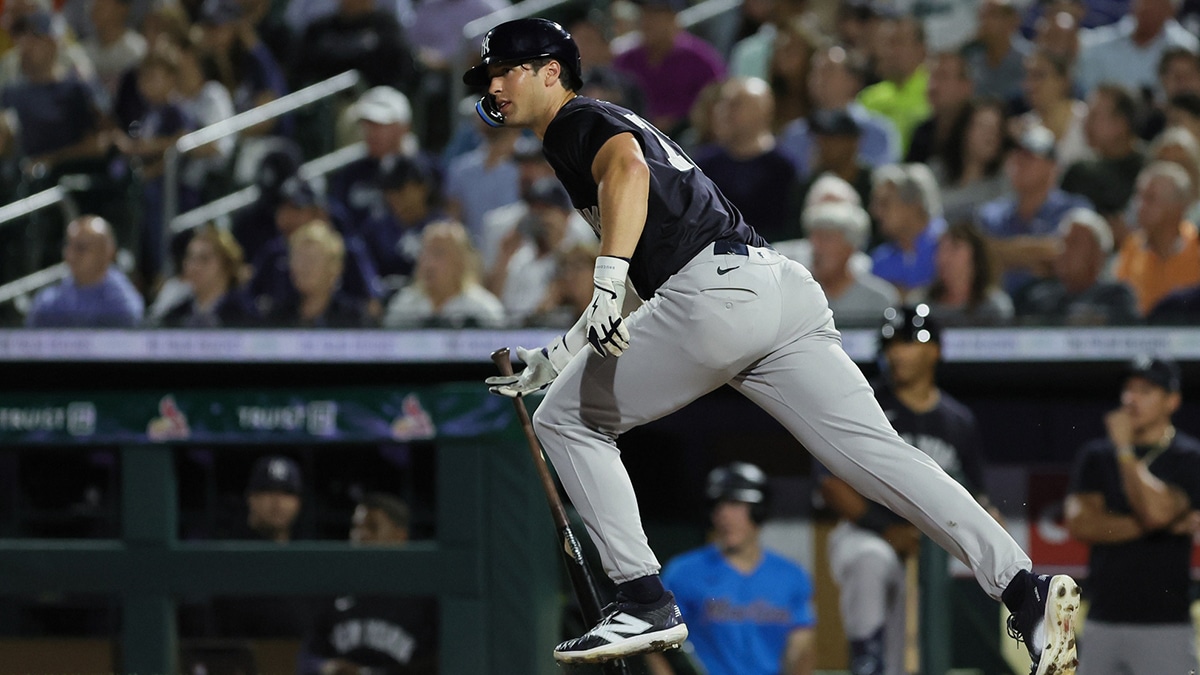 Mar 4, 2024; Jupiter, Florida, USA; New York Yankees outfielder Spencer jones (78) hits a single against the Miami Marlins during the fifth inning at Roger Dean Chevrolet Stadium. Mandatory Credit: Sam Navarro-USA TODAY Sports