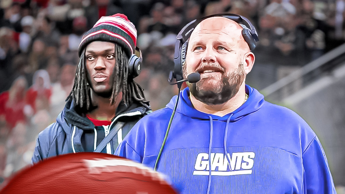 Brian Daboll laughing. Marvin Harrison Jr. in street clothes.