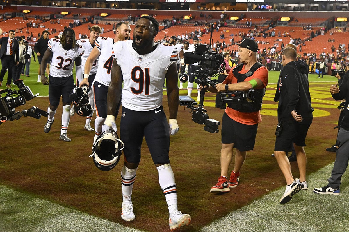 Chicago Bears defensive end Yannick Ngakoue (91) reacts after the game against the Washington Commanders at FedExField.