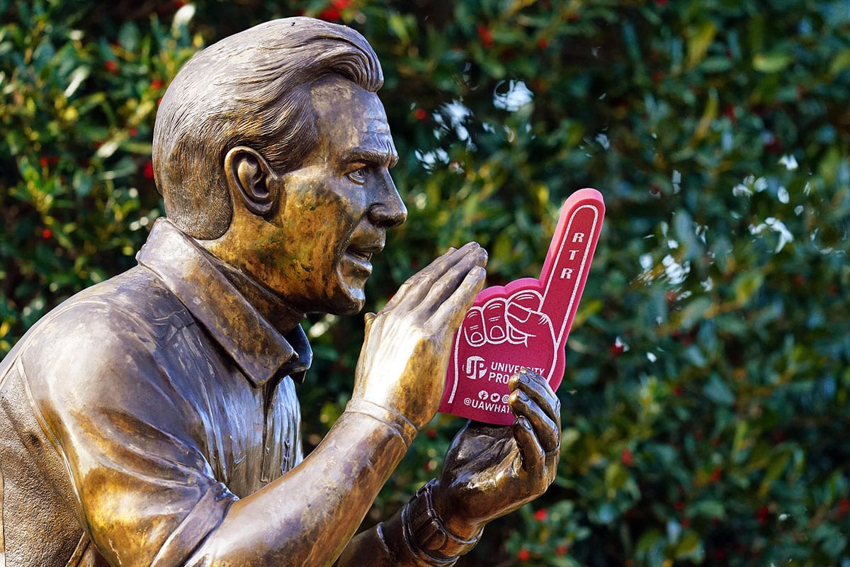 The statue of University of Alabama football head coach Nick Saban on the Walk of Champions outside Bryant-Denny Stadium after the team introduced their new head football coach Kalen DeBoer (not pictured) at Bryant-Denny Stadium.
