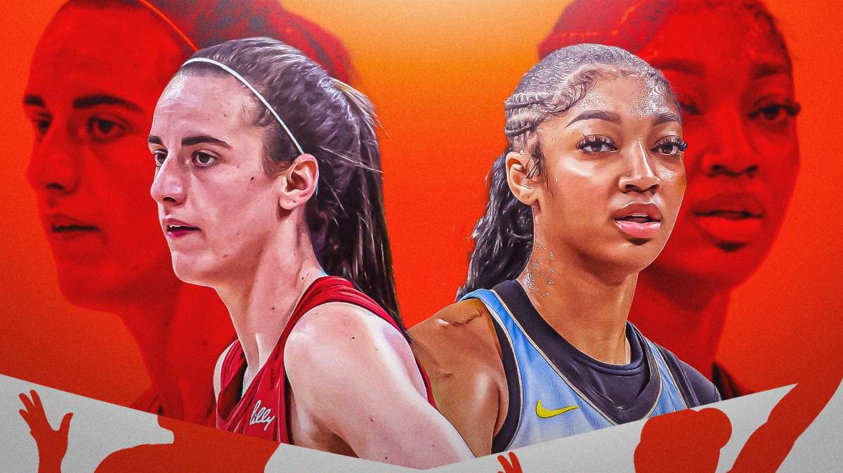 Angel Reese alongside Caitlin Clark with the WNBA logo in the background, Sky ROY