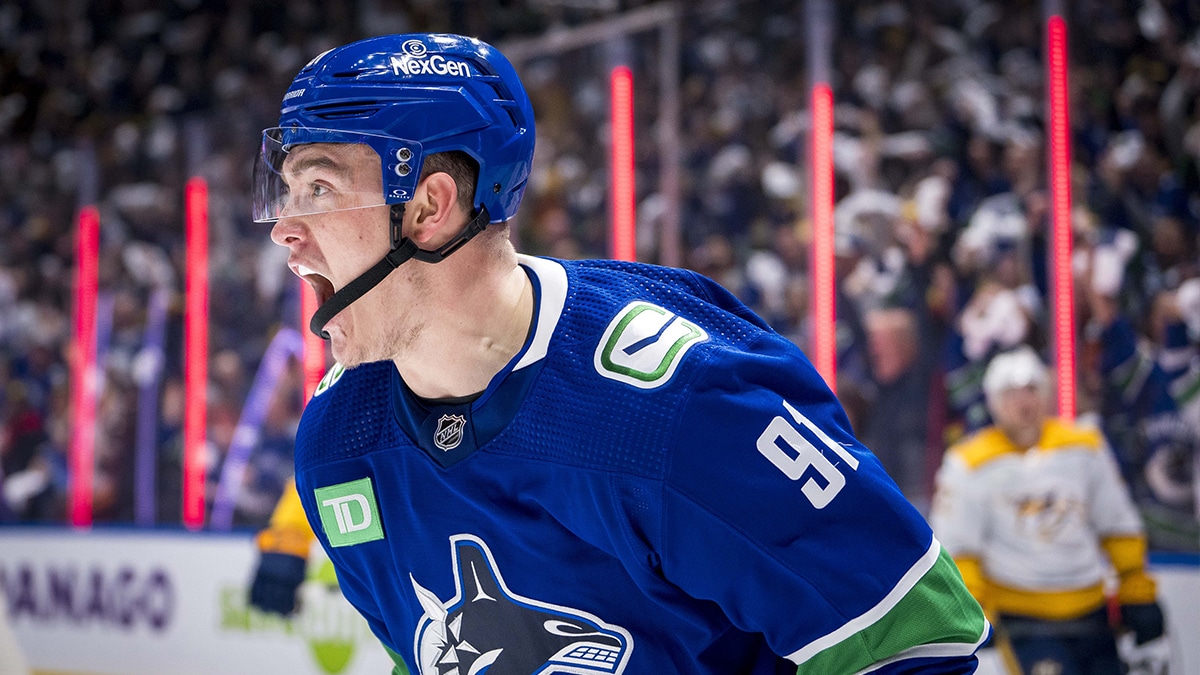 Vancouver Canucks defenseman Nikita Zadorov (91) celebrates his goal against the Nashville Predators during the third period in game five of the first round of the 2024 Stanley Cup Playoffs at Rogers Arena.