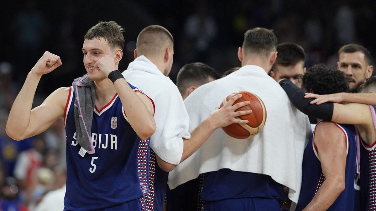 Serbia power forward Nikola Jovic (5) celebrates after defeating Puerto Rico during the Paris 2024 Olympic Summer Games at Stade Pierre-Mauroy.