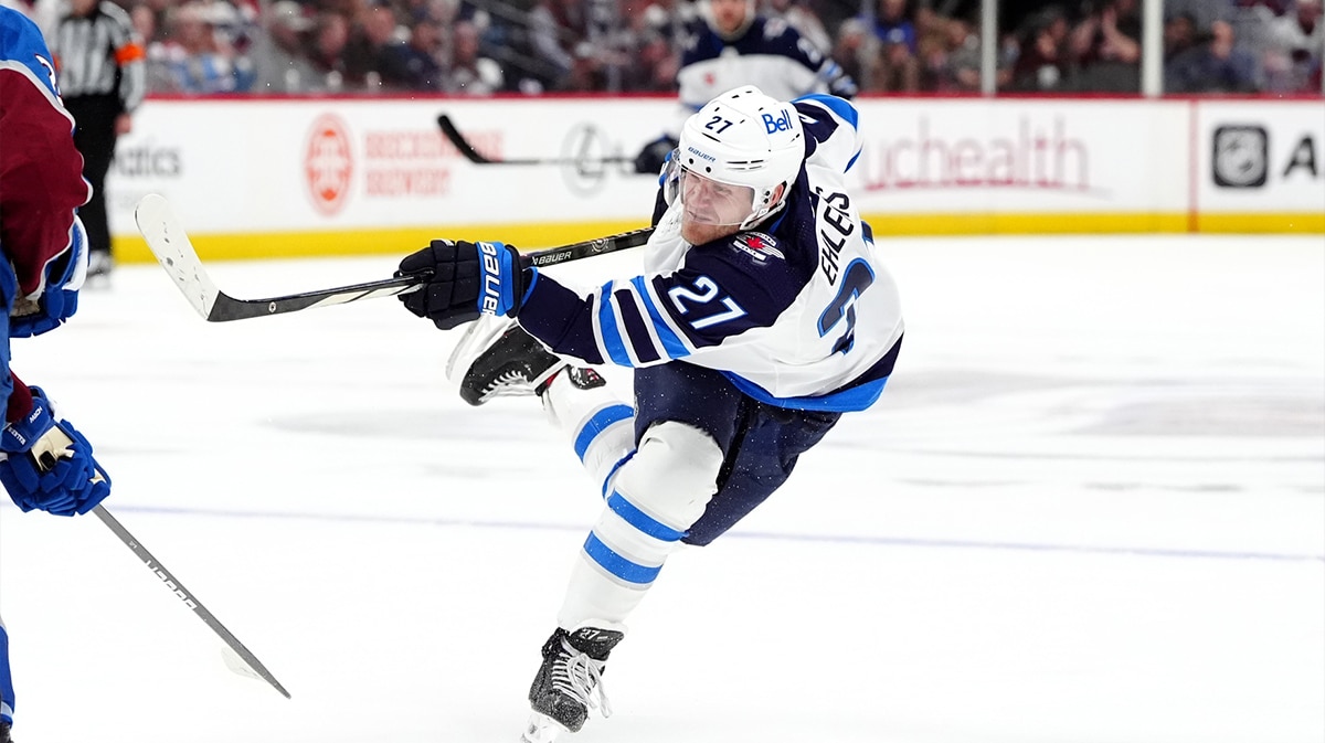 Winnipeg Jets left wing Nikolaj Ehlers (27) takes a shot on goal during the third period against the Colorado Avalanche in game four of the first round of the 2024 Stanley Cup Playoffs at Ball Arena.