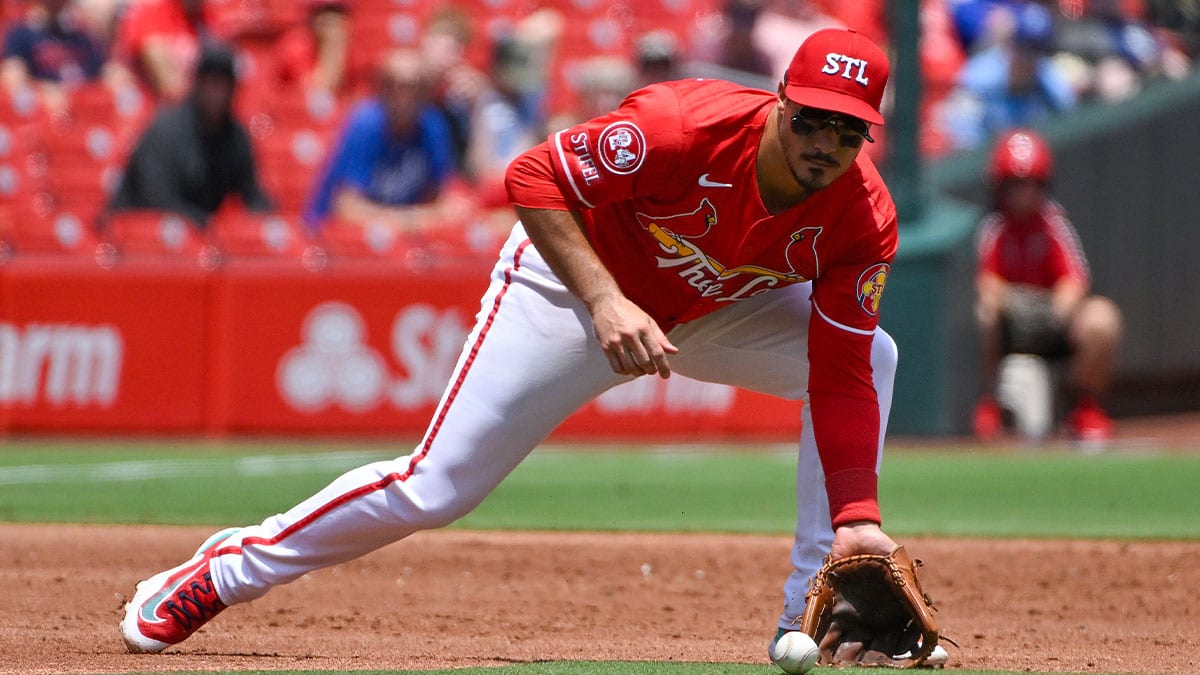 St. Louis Cardinals third baseman Nolan Arenado (28) fields a ground ball against the Kansas City Royals during the third inning at Busch Stadium.