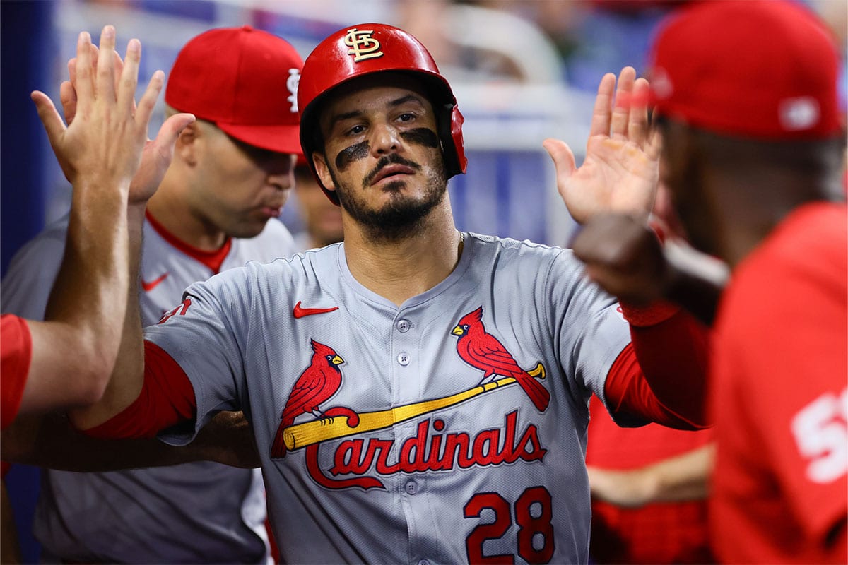 St. Louis Cardinals third baseman Nolan Arenado (28) celebrates after scoring against the Miami Marlins during the second inning at loanDepot Park.