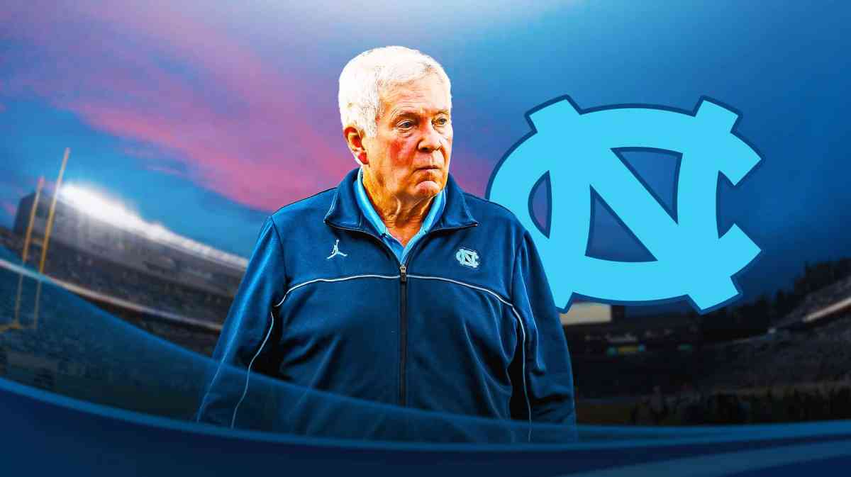 North Carolina football Mack Brown next to a UNC logo
