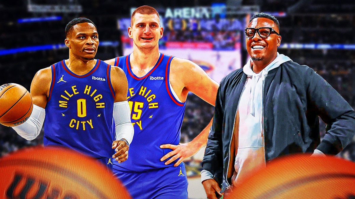 Paul Pierce smiling at Russell Westbrook and Nikola Jokic laughing in Nuggets uniforms