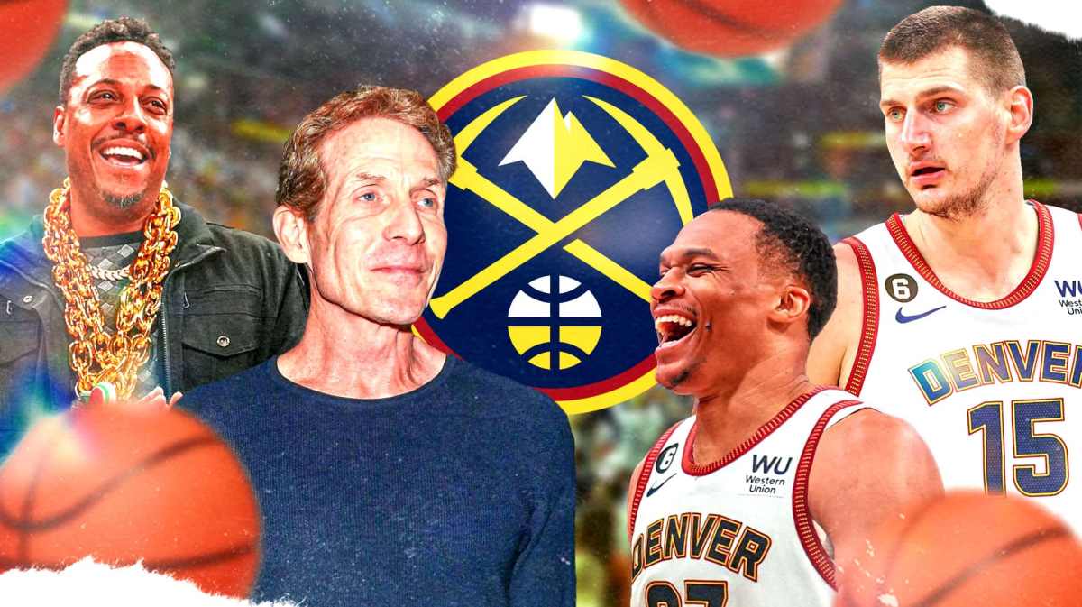 Former NBA player Paul Pierce, Skip Bayless and Denver Nuggets players Russell Westbrook and Nikola Jokic