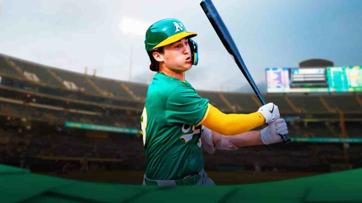 Jacob Wilson in an Oakland A's uniform inside the Oakland Coliseum as the A's have called him up to the MLB team.