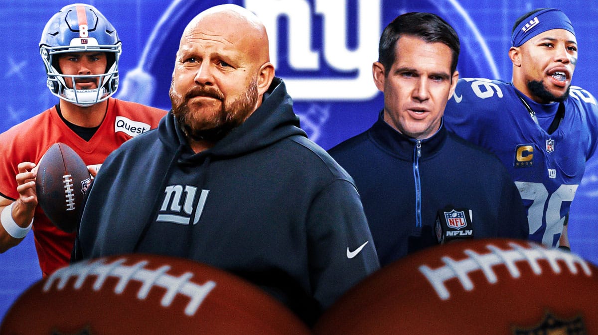 Brian Daboll, Joe Schoen, Daniel Jones, Saquon Barkley (In Giants gear) all together. Giants logo as background. In front is Hard Knocks: Offseason with the New York Giants logo.