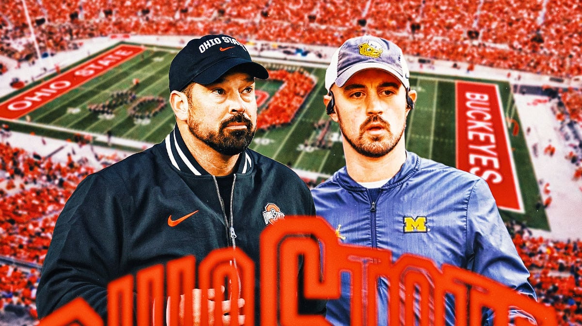 Ohio State football, Buckeyes, Michigan football, Ryan Day, Big Ten Media Days, Ryan Day and Connor Stalions with Ohio State football stadium in the background