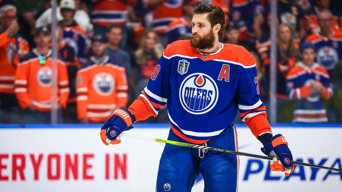 Edmonton Oilers center Leon Draisaitl (29) during the warmup period against the Florida Panthers in game six of the 2024 Stanley Cup Final at Rogers Place.