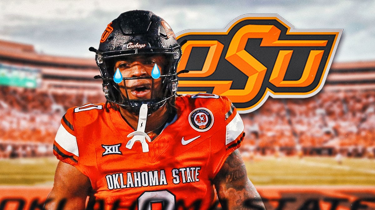 Oklahoma State RB Ollie Gordon sheds tear next to OK State logo