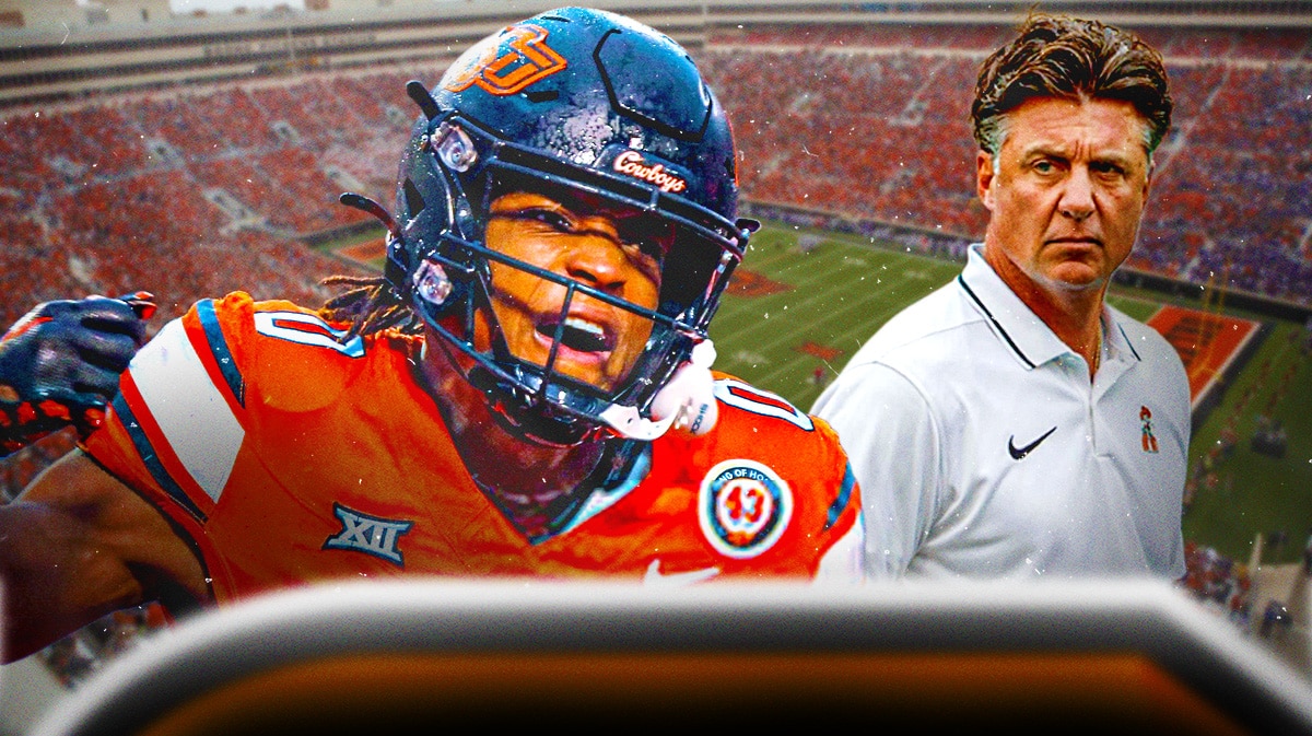 Oklahoma State football coach Mike Gundy looking at Ollie Gordon.