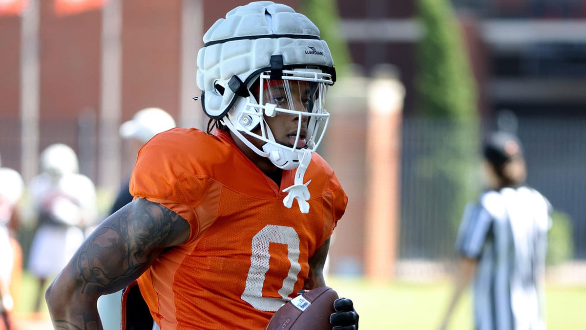 Oklahoma State's Ollie Gordon II waits to run a drill during an Oklahoma State University Cowboys spring football practice at Sherman E. Smith Training Center