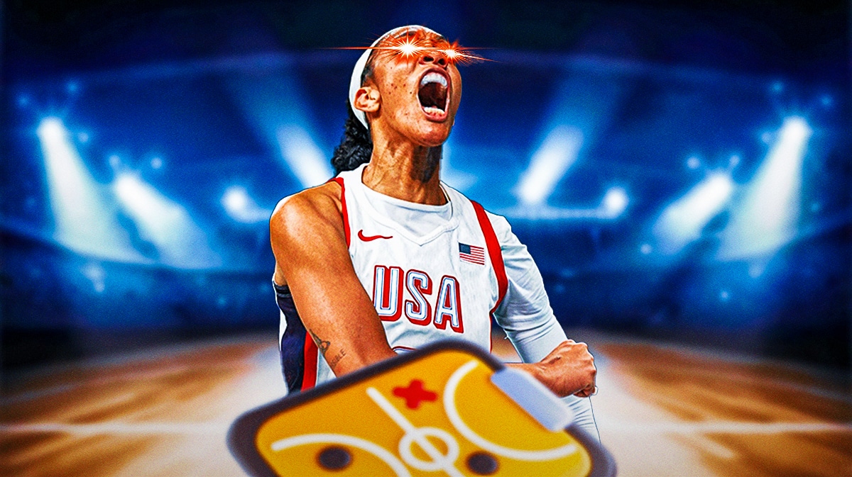 Team USA women's basketball player A'ja Wilson, in a Team USA uniform, with red laser eyes