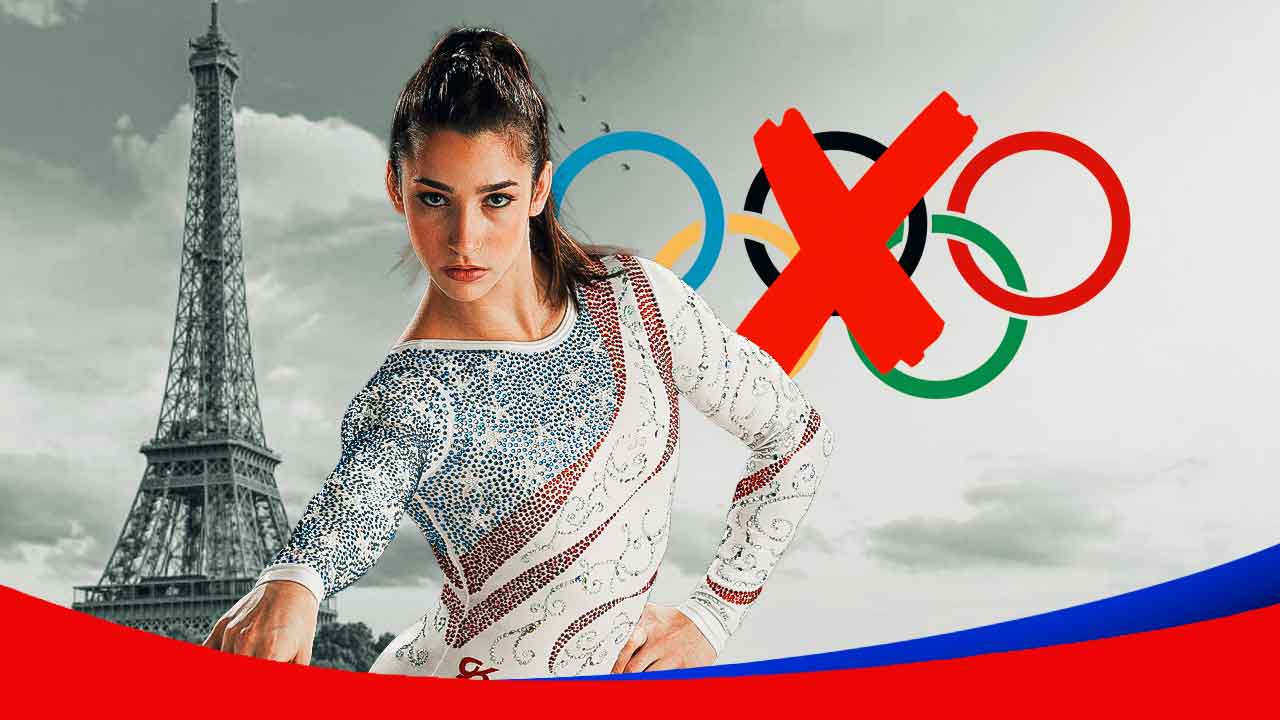 Former Olympic gymnast Aly Raisman, in gymnastics gear, with the Olympic rings in the background, and an X over the Olympic rings.