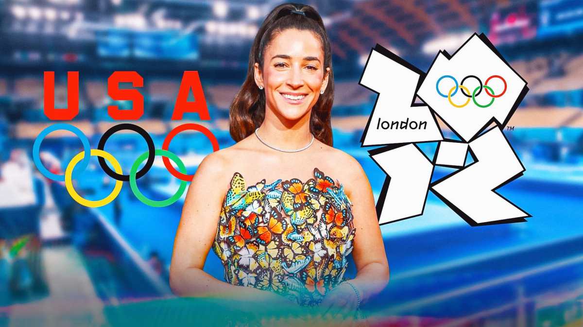 Gymnastics star Aly Raisman stands next to 2012 Olympics logo, Team USA logo