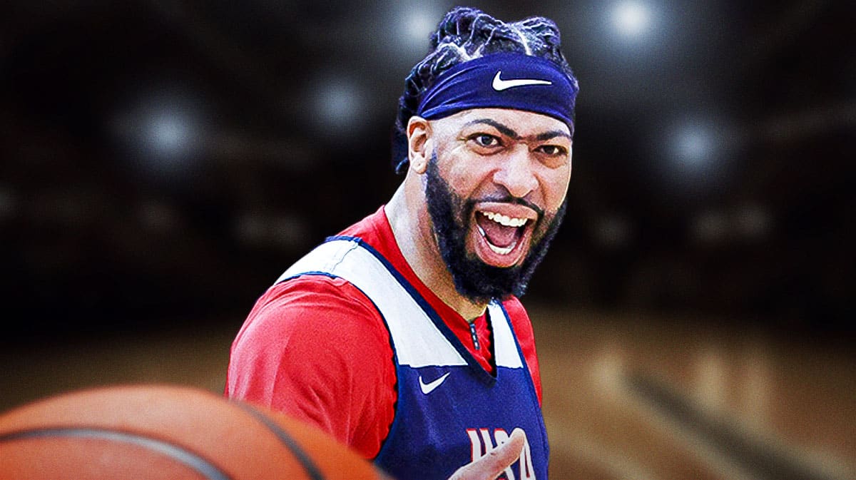 Team USA star Anthony Davis in front of a court.