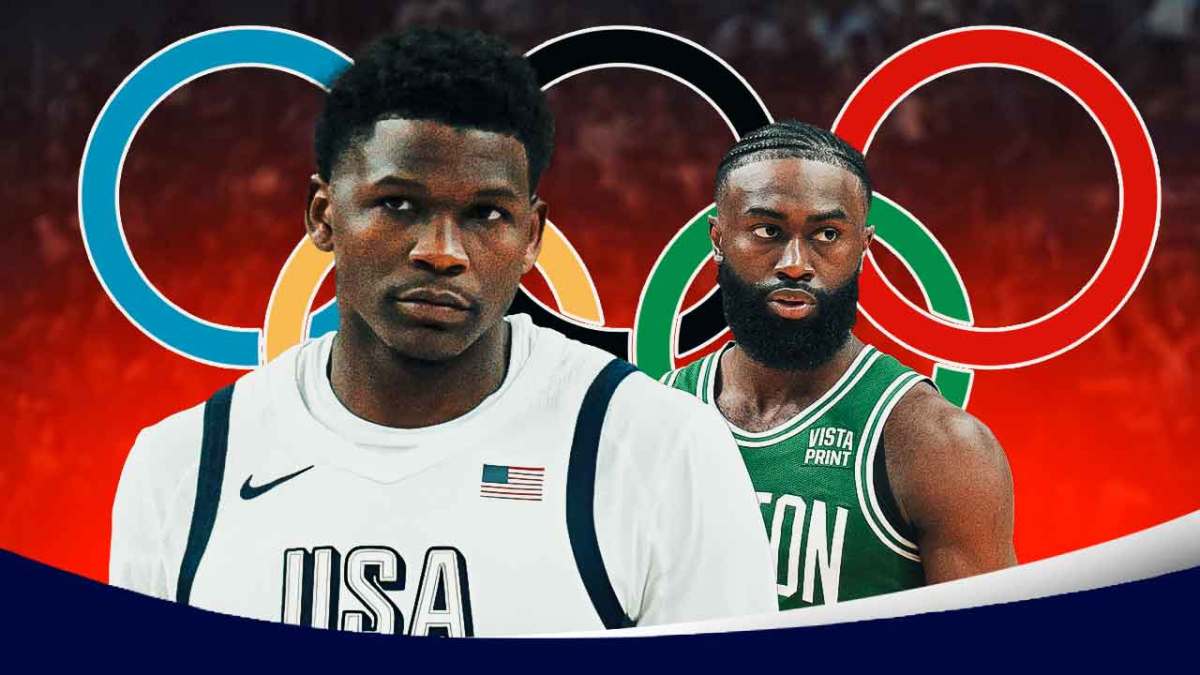 Anthony Edwards in his Team USA jersey alongside Jaylen Brown with the Olympics logo in the background