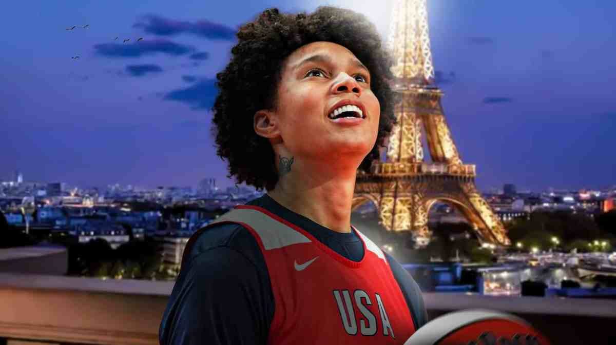 WNBA player Brittney Griner, in her Team USA uniform, with the city of Paris, France in the background