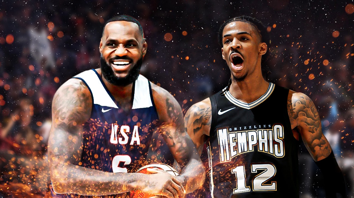 Grizzlies' Ja Morant stands next to LeBron James after Team USA win, Kendrick Perkins in background