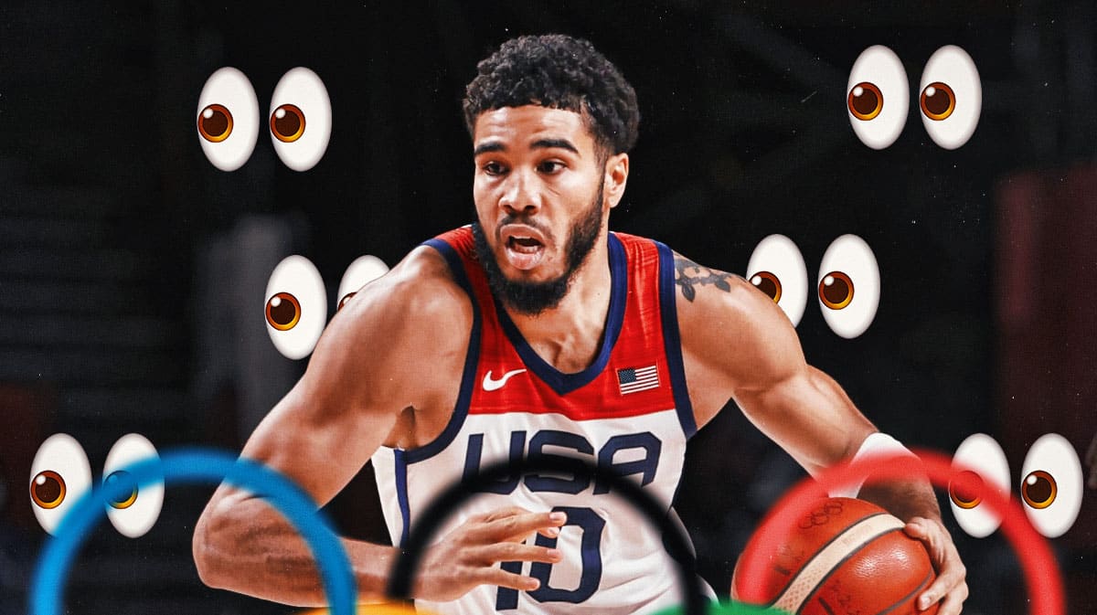 Jayson Tatum in a Team USA jersey with a bunch of the big eyes emojis around him