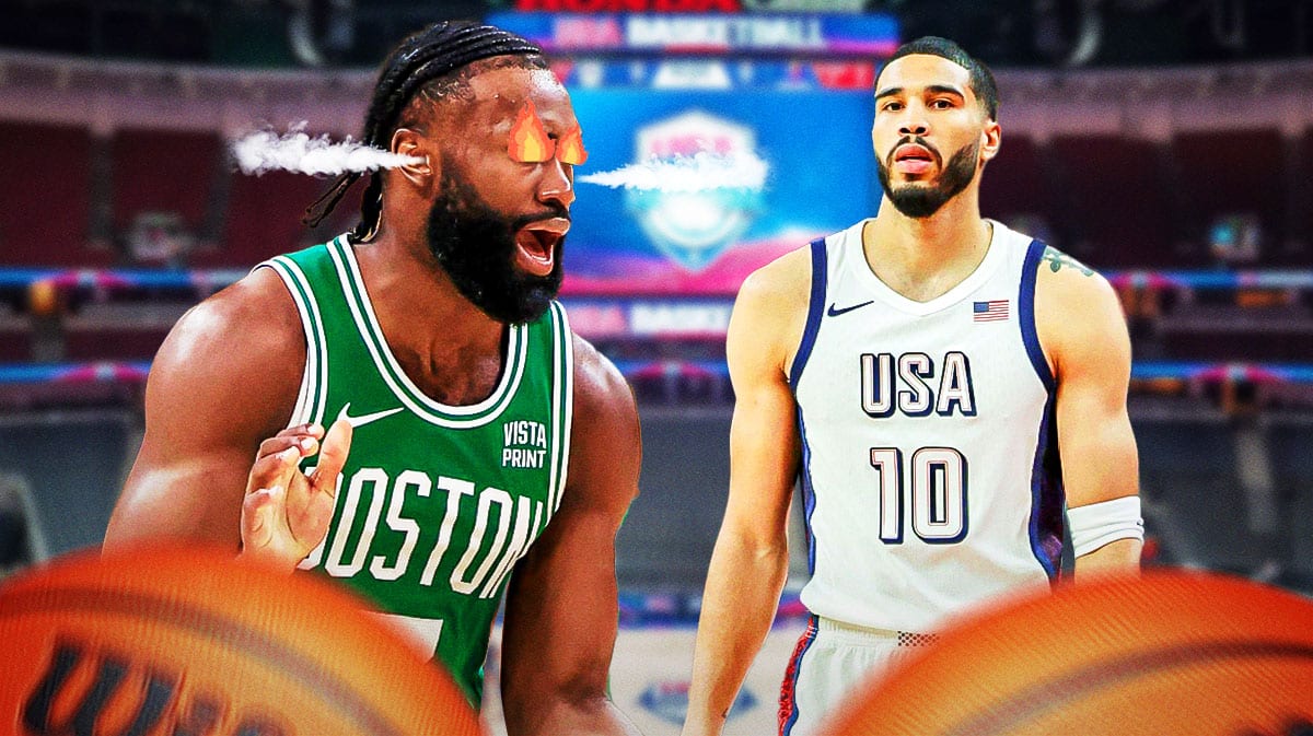 Celtics' Jaylen Brown with fire in eyes next to Team USA Jayson Tatum