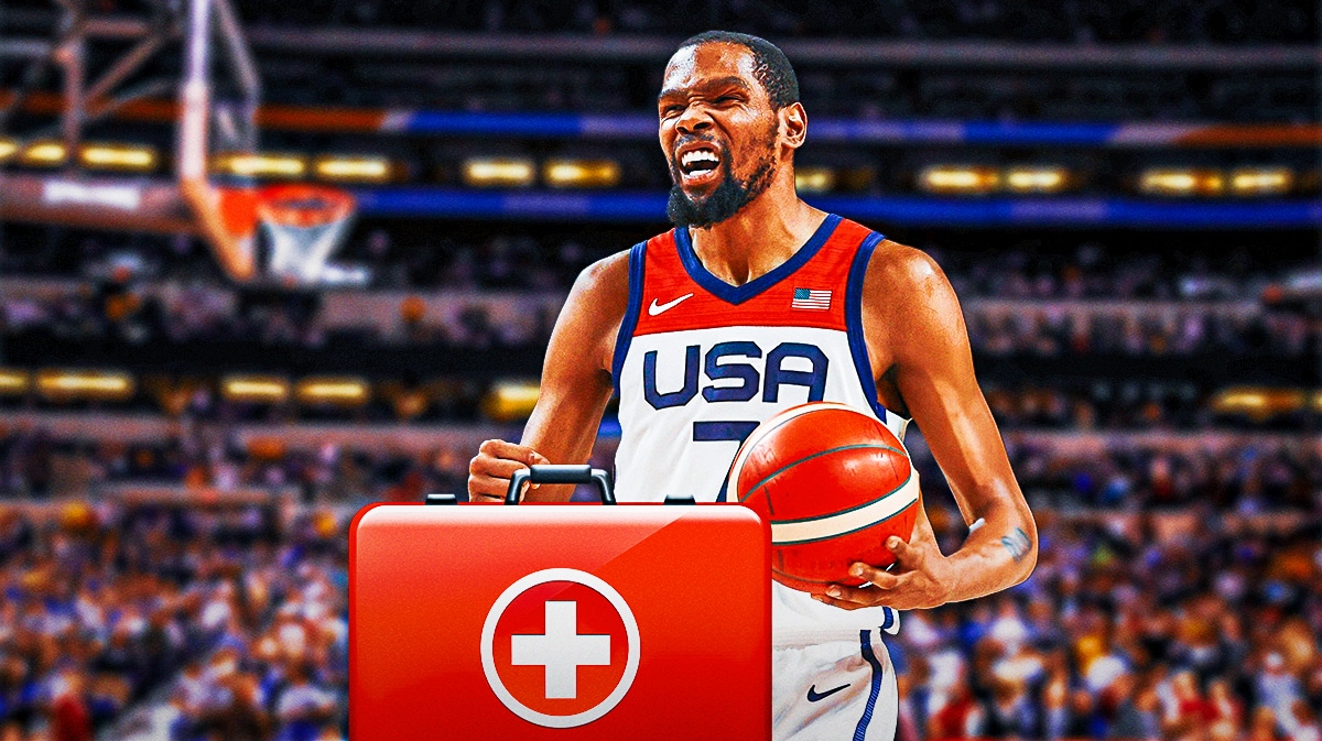 Kevin Durant in a team USA uniform with a first aid kit near him