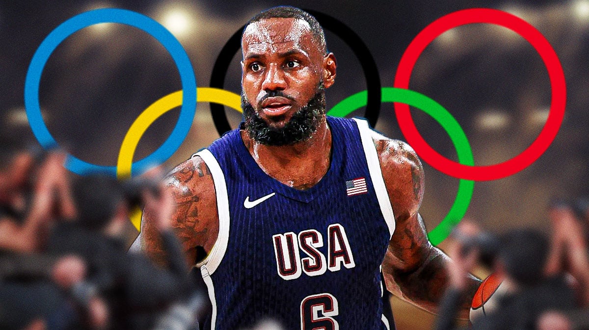 LeBron James with cameras flashing all around him featuring an Olympics background.