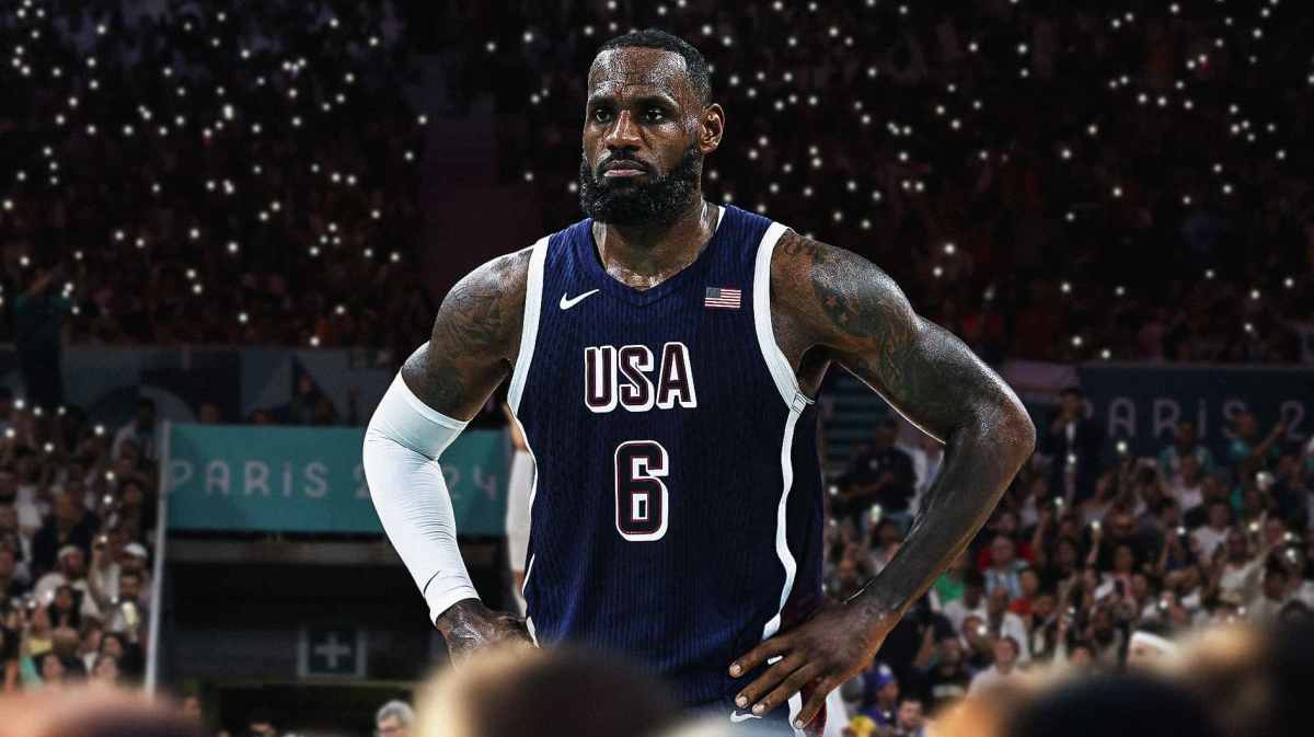 LeBron James wearing team USA jersey appearing nervous.