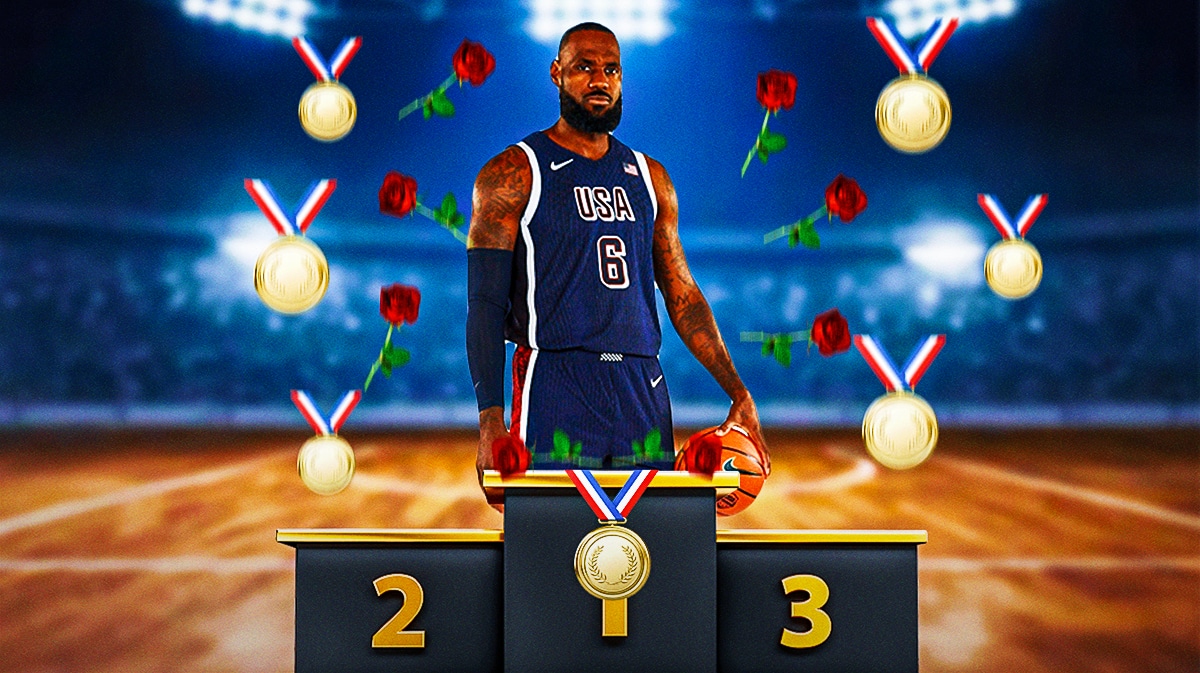Lebron on top of 3-person podium with flowers and medals