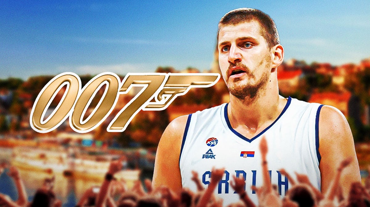 Nuggets' Nikola Jokic stands next to James Bond logo before Team Serbia Olympics run