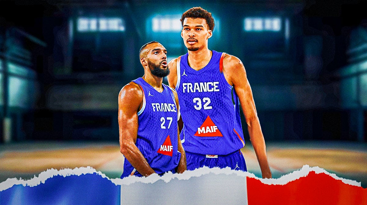 Victor Wembaymama in a France jersey next to a tiny pic of Rudy Gobert in a France jersey for the Olpmpics