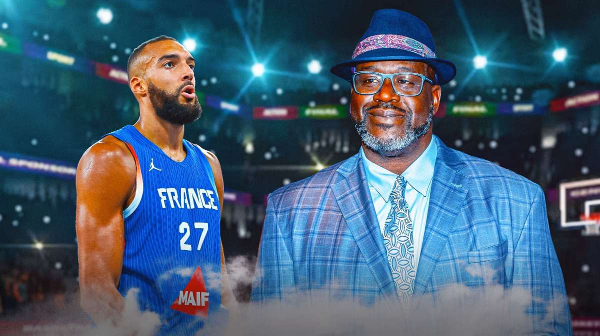 A current image of Shaquille O'Neal laughing or smiling if possible, alongside Rudy Gobert in a France basketball jersey with the Olympics logo in the background, Timberwolves