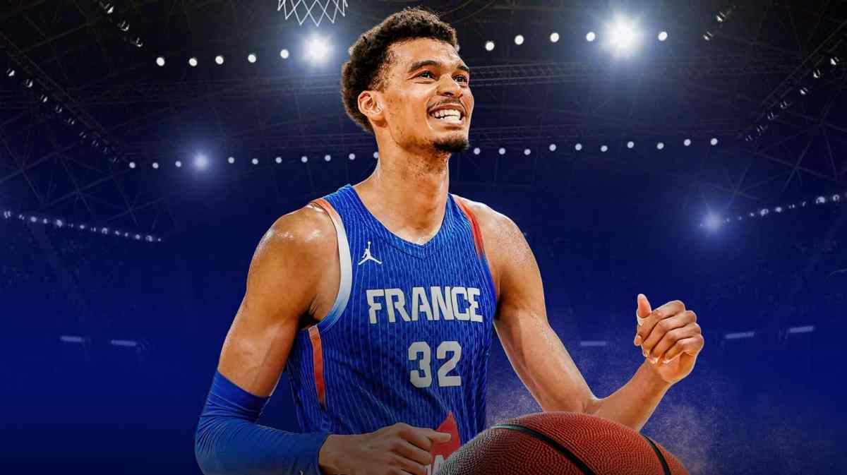 Spurs' Victor Wembanyama celebrates in Team France jersey after Brazil win in 2024 Olympics