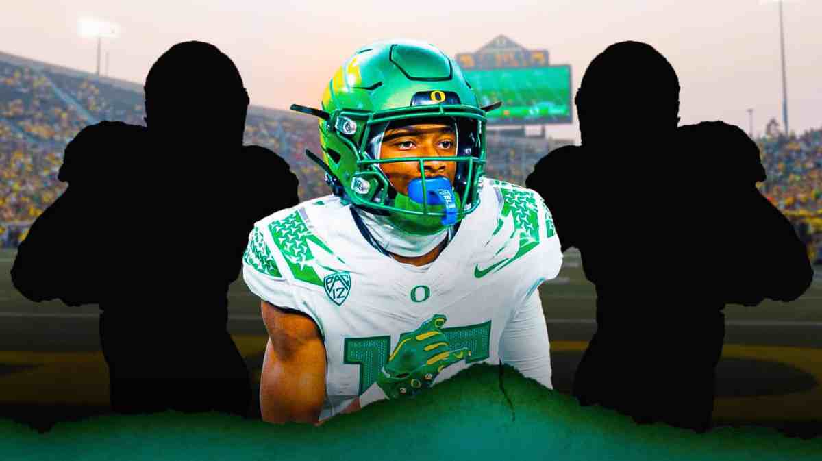 Oregon football, Ducks, 2024 Oregon football, Tez Johnson, Jordan James, Tez Johnson and two mystery football players with Oregon football stadium in the background