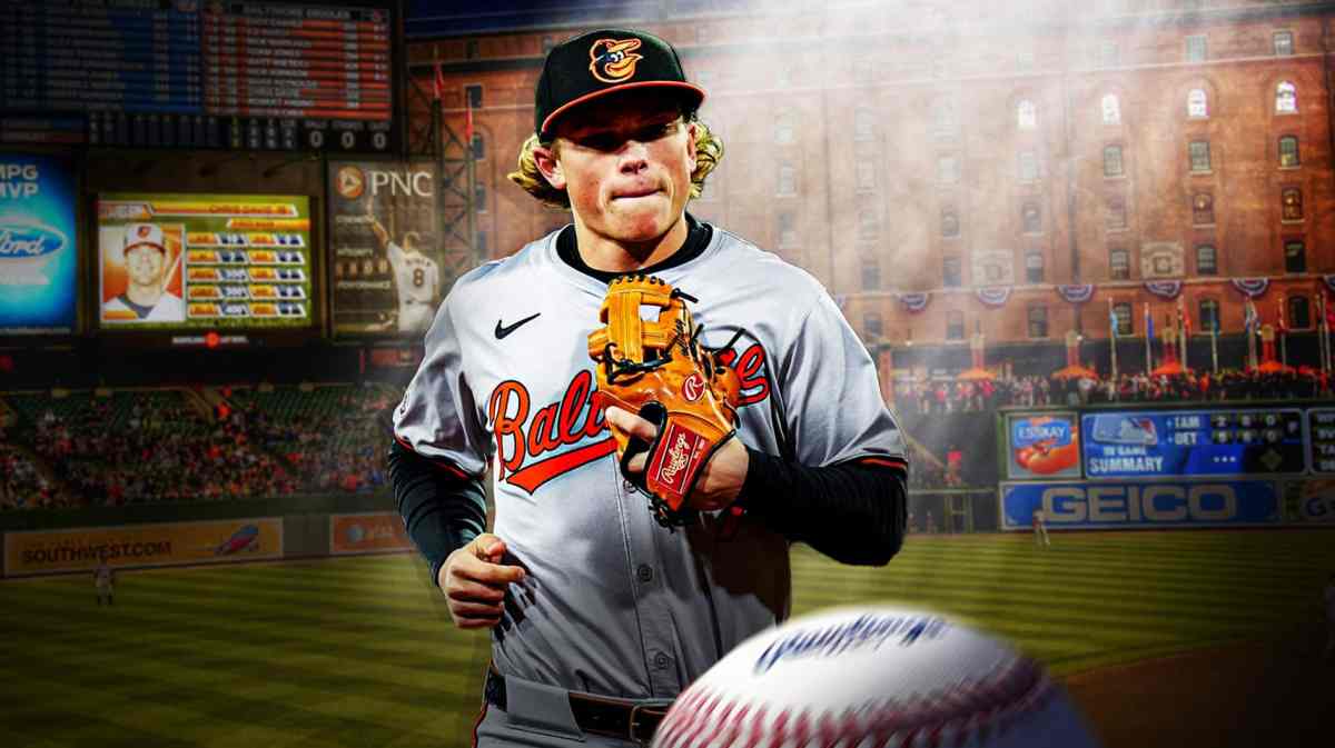 Top prospect Jackson Holliday, Orioles Park at Camden Yards behind him