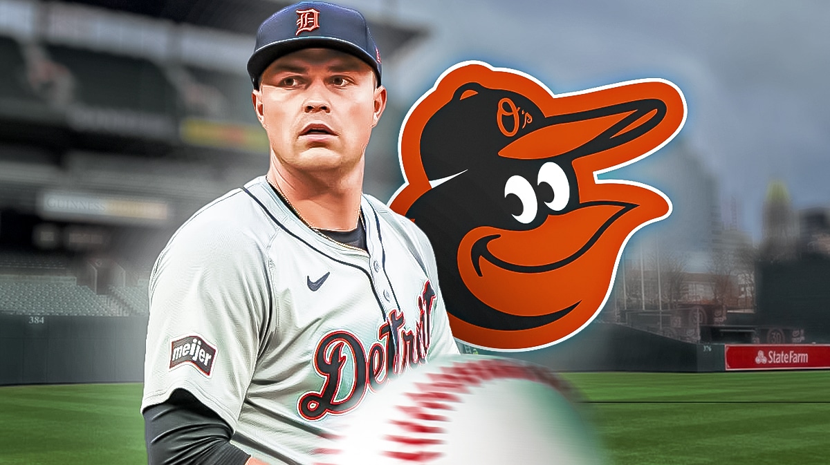 arik Skubal (Tigers) pitching in front of Camden Yards with Orioles logo in background.