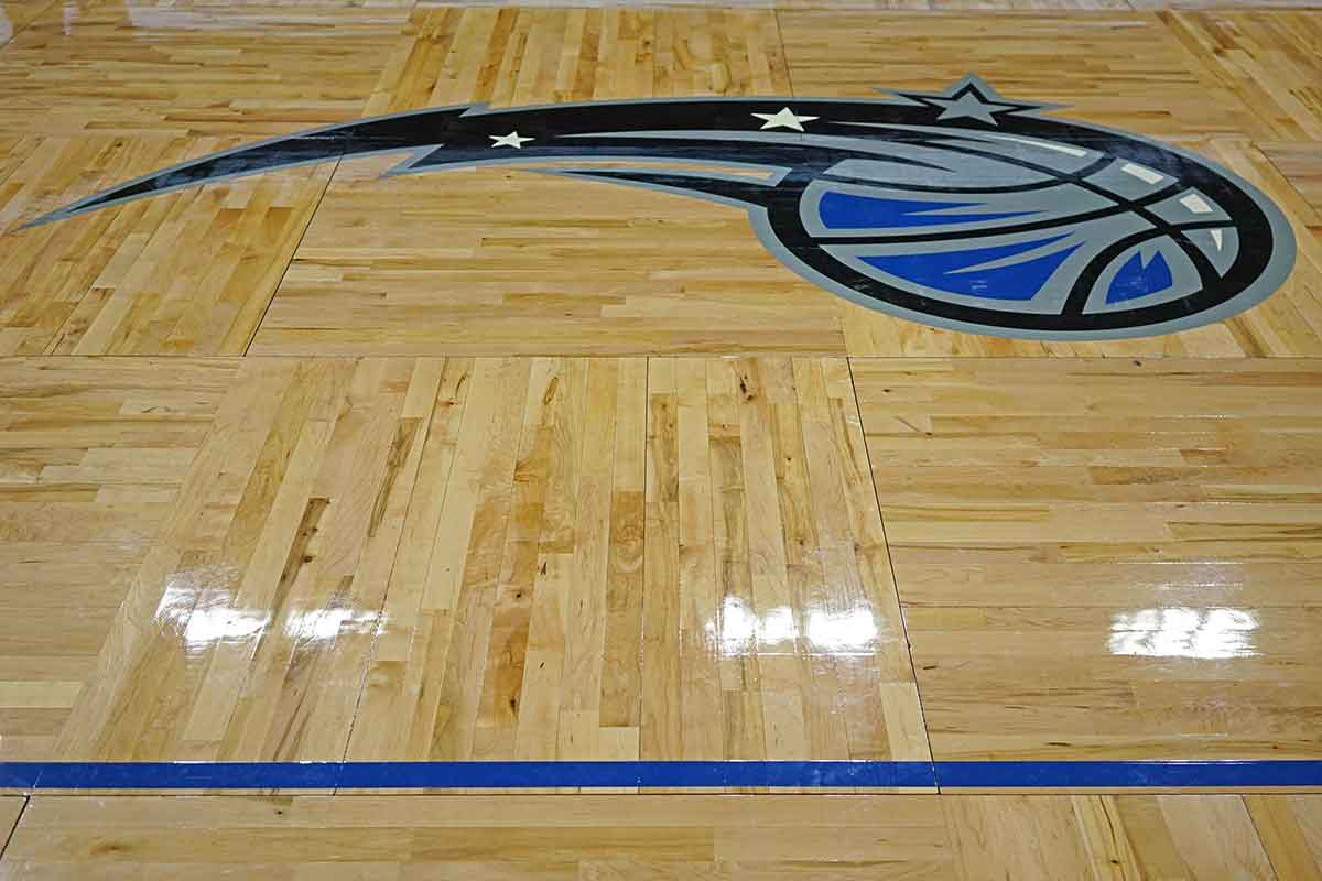 A view of the Magic's logo on the court prior to the game of the Atlanta Hawks against the Orlando Magic at Amway Center.