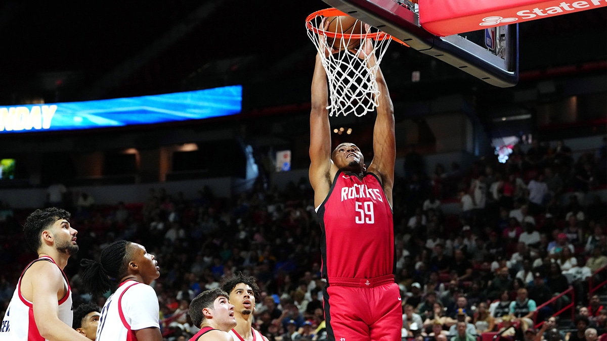 Houston Rockets center Orlando Robinson (59) dunks against the Washington Wizards during the fourth quarter at Thomas & Mack Center.