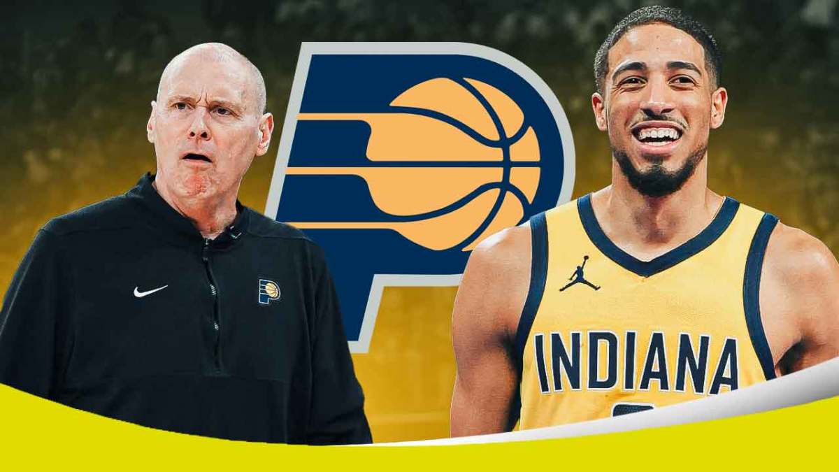 Rick Carlisle and Tyrese Halburton next to a Pacers logo