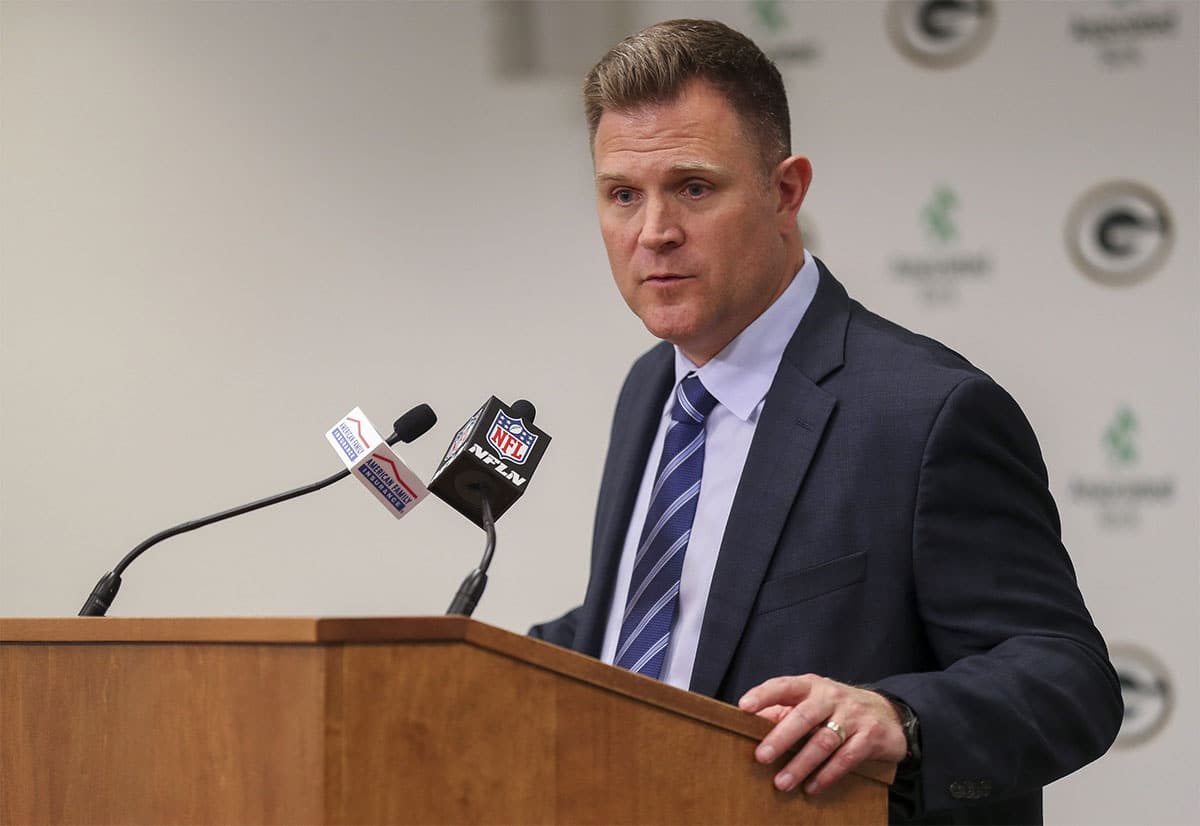Green Bay Packers general manager Brian Gutekunst addresses the media after the first round of the 2024 NFL draft on Tuesday, April 23, 2024, at Lambeau Field in Green Bay, Wis. The Packers selected Arizona offensive tackle Jordan Morgan with the 25th pick. 