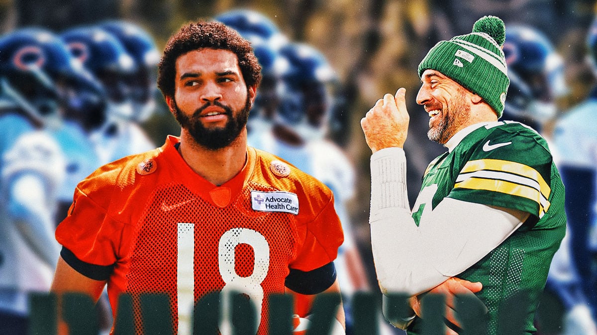 Aaron Rodgers laughing at Caleb Williams and the Chicago Bears